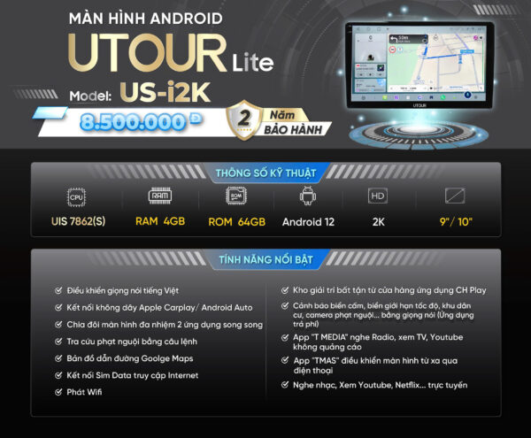 Màn hình Android UTOUR Lite US-i2K (9/10”) RAM 4GB, ROM 64GB
