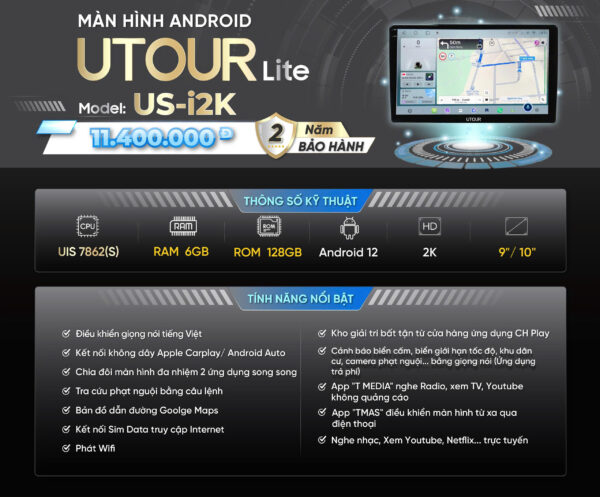 Màn hình Android UTOUR Lite US-i2K (9/10”) RAM 6GB, ROM 128GB