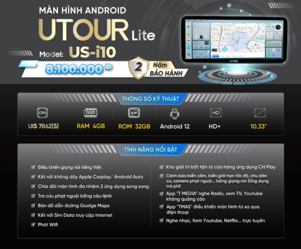 Màn hình Android UTOUR Lite US-i1 (10,33”) RAM 4GB, ROM 32GB