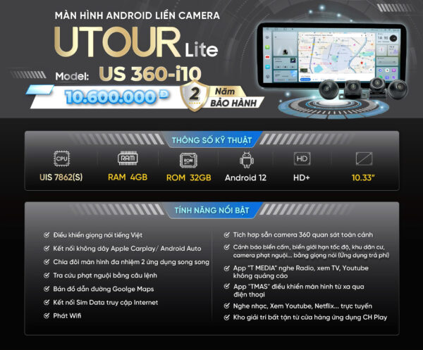 Màn hình Android liền camera UTOUR Lite US 360-i10 (10,33") RAM 4GB, ROM 32GB