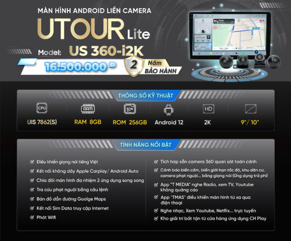 Màn hình Android UTOUR Lite US-i2K (9/10”) RAM 8GB, ROM 256GB