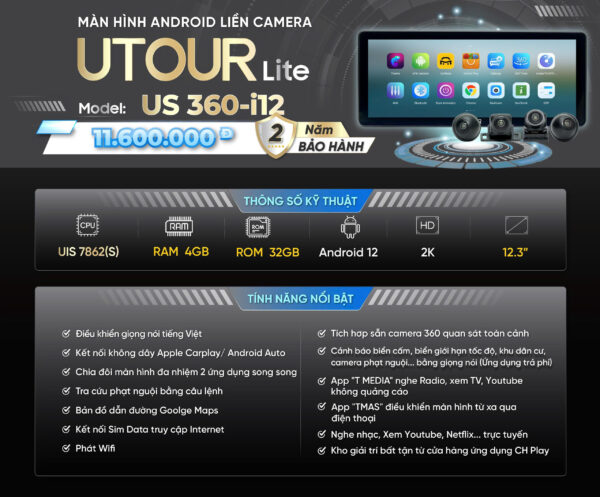 Màn hình Android UTOUR Lite US-i12 (12,3”) RAM 4GB, ROM 32GB